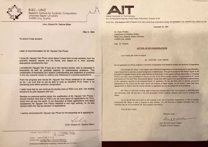 Thư xác nhận việc tuyển chọn và chấp thuận việc nghiên cứu và bảo vệ luận án Tiến sĩ, Ph.D của Viện RISC-Linz Áo đối với anh Nguyễn Văn Phước của GSTS, Dr.Sabine Stifler gửi ngày 4/5/1994 từ Viện Tính Toán Mã Số RISC-Linz, Đại học Johannes Kepler, Cộng Hoà Áo.