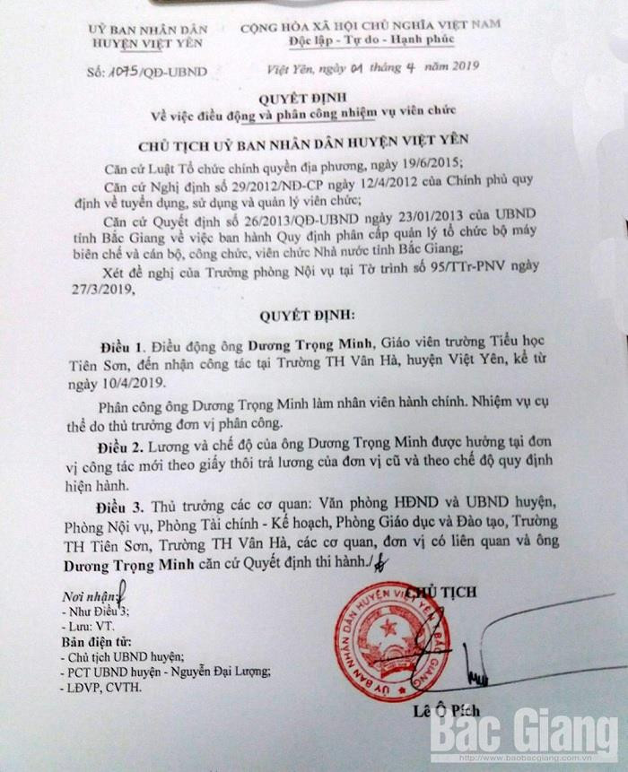 Quyết định của Ủy ban nhân dân huyện Việt Yên về việc điều động và phân công nhiệm vụ mới đối với thầy giáo Dương Trọng Minh (Ảnh minh họa: baobacgiang.com.vn). Quyết định của Ủy ban nhân dân huyện Việt Yên về việc điều động và phân công nhiệm vụ mới đối với thầy giáo Dương Trọng Minh (Ảnh minh họa: baobacgiang.com.vn).