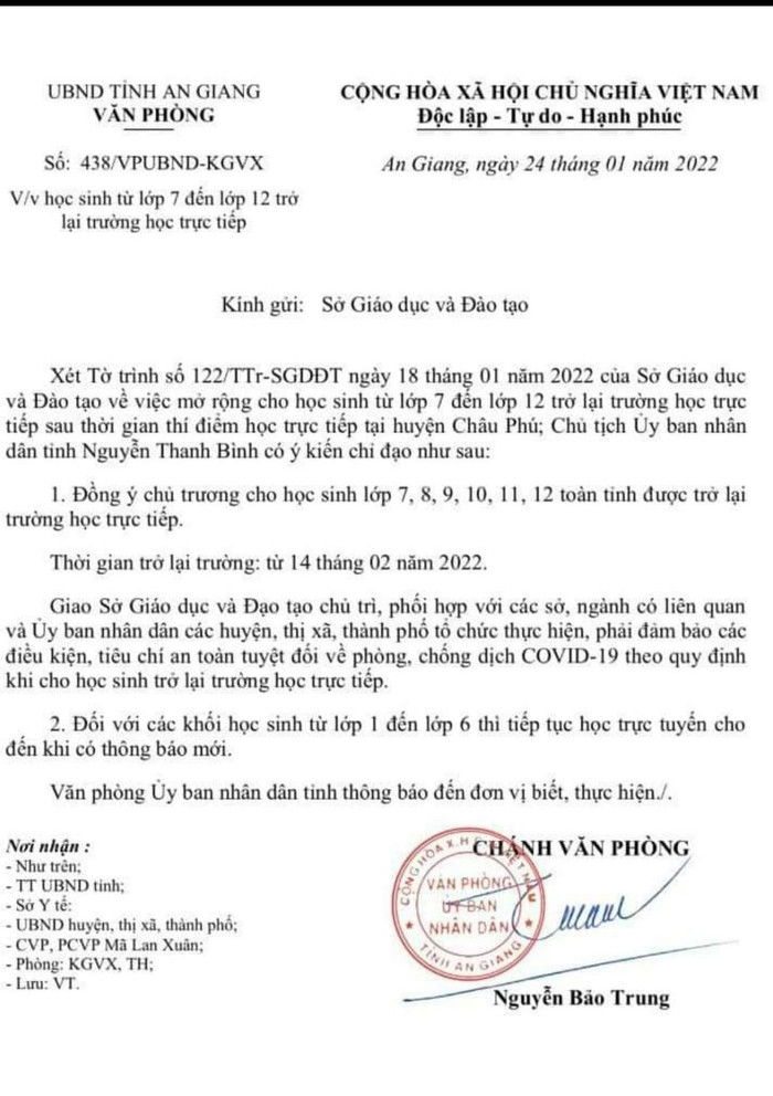 An Giang đồng ý cho học sinh từ lớp 7 đến lớp 12 sẽ học trực tiếp từ ngày 14/2 (Ảnh: Khánh Văn)