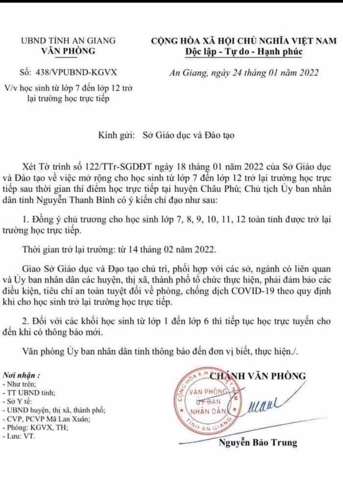 An Giang đồng ý cho học sinh từ lớp 7 đến lớp 12 sẽ học trực tiếp từ ngày 14/2 (Ảnh: Khánh Văn)