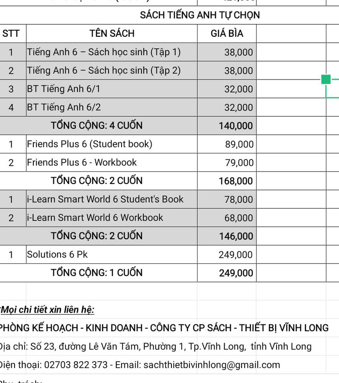 Bảng giá một bộ sách Tiếng Anh được giới thiệu công khai đến nhà trường. Theo giáo viên thì đây là trường hợp hiếm hoi công khai bảng giá sách tiếng Anh. (Ảnh chụp từ màn hình) Bảng giá một bộ sách Tiếng Anh được giới thiệu công khai đến nhà trường. Theo giáo viên thì đây là trường hợp hiếm hoi công khai bảng giá sách tiếng Anh. (Ảnh chụp từ màn hình)