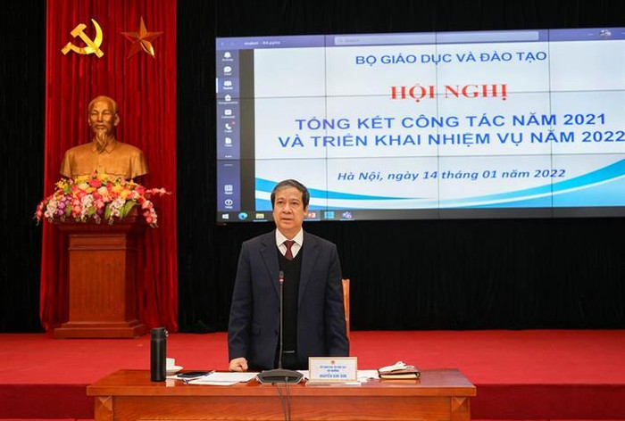 Bộ trưởng Nguyễn Kim Sơn tại Hội nghị Tổng kết công tác năm 2021 và triển khai nhiệm vụ năm 2022 (Ảnh: Bộ Giáo dục và Đào tạo)