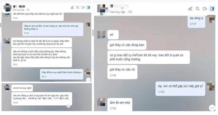 Những dòng tin nhắn có nội dung nhạy cảm được cho là của giảng viên Trường Đại học Kinh tế Kỹ thuật Công nghiệp (Ảnh minh họa trên giaoduc.net.vn). Những dòng tin nhắn có nội dung nhạy cảm được cho là của giảng viên Trường Đại học Kinh tế Kỹ thuật Công nghiệp (Ảnh minh họa trên giaoduc.net.vn).