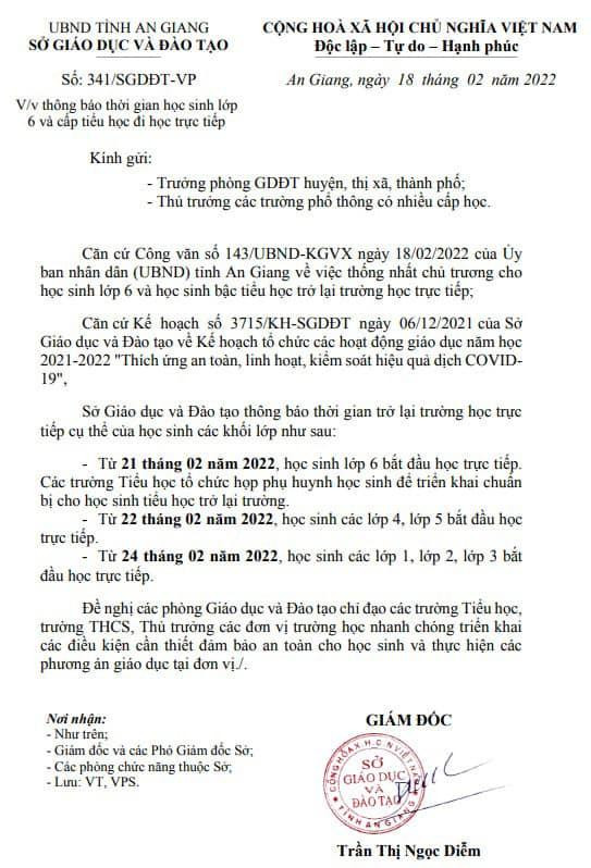 Học sinh lớp 6 và cấp Tiểu học ở An Giang sẽ trở lại trường học trực tiếp từ ngày 21/2 (Ảnh chụp từ màn hình) Học sinh lớp 6 và cấp Tiểu học ở An Giang sẽ trở lại trường học trực tiếp từ ngày 21/2 (Ảnh chụp từ màn hình)