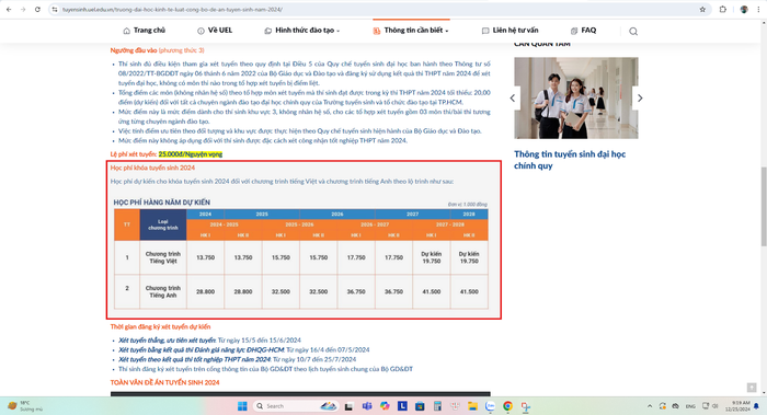 Chi tiết dự kiến lộ trình tăng học phí của Trường Đại học Kinh tế - Luật (Đại học Quốc gia Thành phố Hồ Chí Minh). Ảnh chụp màn hình Chi tiết dự kiến lộ trình tăng học phí của Trường Đại học Kinh tế - Luật (Đại học Quốc gia Thành phố Hồ Chí Minh). Ảnh chụp màn hình