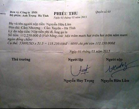 Tổng chi phí xuất khẩu lao động thu theo quy định hợp đồng là 3.310 USD và 2.207 VNĐ. Tuy nhiên, Công ty IMS đã thu người lao động tới 5.500 USD (ảnh: Nhân vật cung cấp).