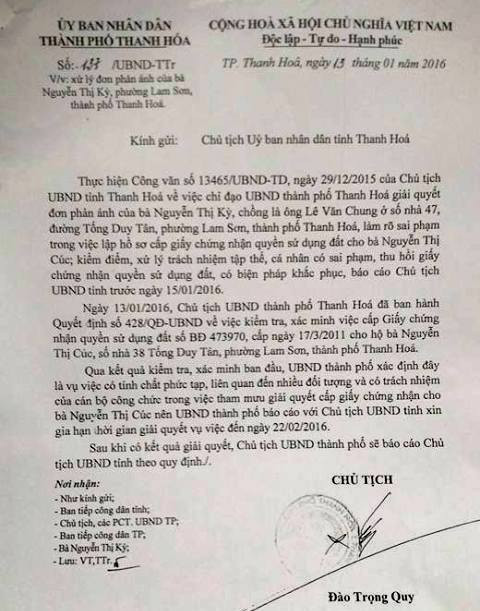 Tờ trình số 137/UBND-TTr, ngày 15/1/2016 do Chủ tịch UBND thành phố Thanh Hóa xin gia hạn thời gian thanh tra vụ việc (ảnh: QUỐC TOẢN). Tờ trình số 137/UBND-TTr, ngày 15/1/2016 do Chủ tịch UBND thành phố Thanh Hóa xin gia hạn thời gian thanh tra vụ việc (ảnh: QUỐC TOẢN).