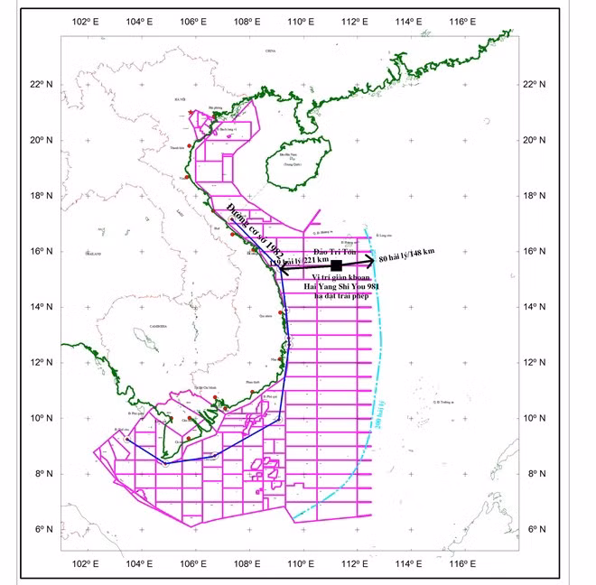 Bản đồ minh họa vị trí giàn khoan 981 của Trung Quốc hạ đặt trái phép trong vùng đặc quyền kinh tế, thềm lục địa Việt Nam. (Nguồn: Tập đoàn Dầu khí Việt Nam).