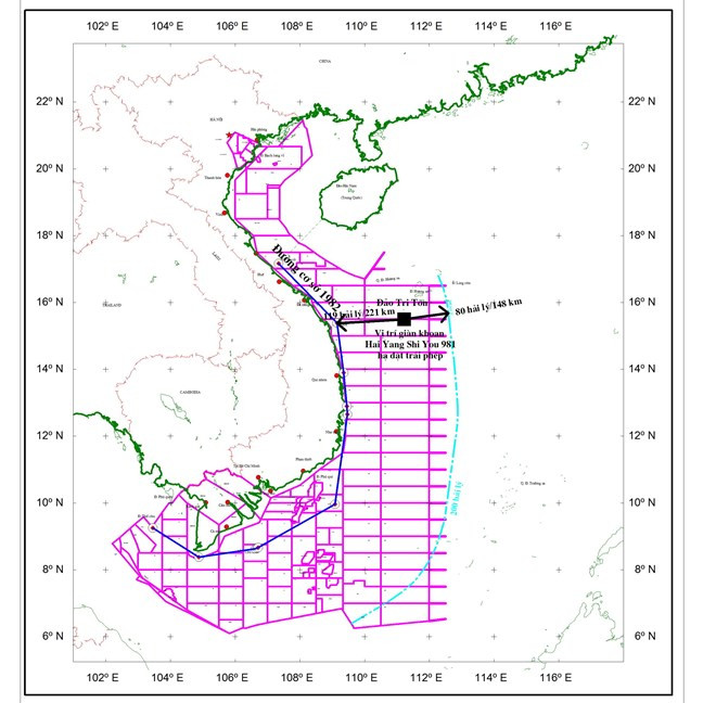 Bản đồ minh họa vị trí giàn khoan 981 của Trung Quốc hạ đặt trái phép trong vùng đặc quyền kinh tế, thềm lục địa Việt Nam. (Nguồn: Tập đoàn Dầu khí Việt Nam). Bản đồ minh họa vị trí giàn khoan 981 của Trung Quốc hạ đặt trái phép trong vùng đặc quyền kinh tế, thềm lục địa Việt Nam. (Nguồn: Tập đoàn Dầu khí Việt Nam).