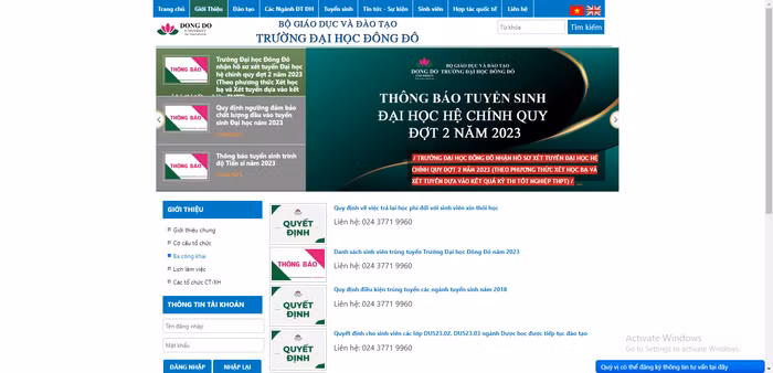 Cổng thông tin Trường Đại học Đông Đô khi tìm kiếm báo cáo ba công khai. Ảnh chụp màn hình.