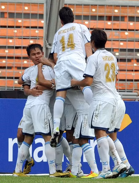 U23 Philippines ăn mừng bàn thắng. Ảnh: GA