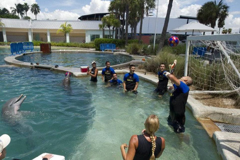 Các sao Barca cùng nhau chơi bóng nước trong bể với sự có mặt của những chú cá heo và một người đẹp tóc vàng.