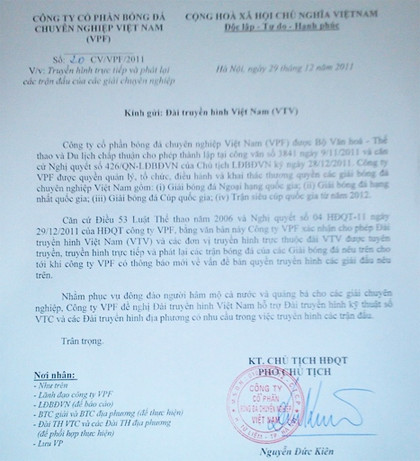 Công văn VPF gửi VTC, VTV và các đài địa phương. Công văn VPF gửi VTC, VTV và các đài địa phương.