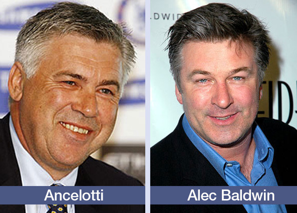 HLV Carlo Ancelotti trông khá giống diễn viên Alec Baldwin, từng được đề cử giải Oscar.