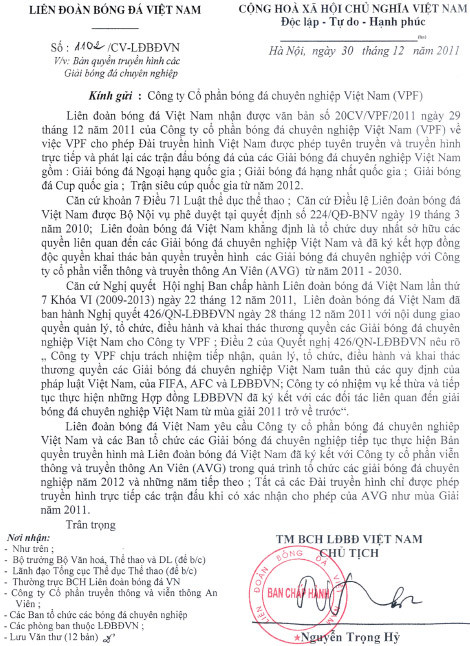 Công văn VFF gửi đến VPF. Công văn VFF gửi đến VPF.