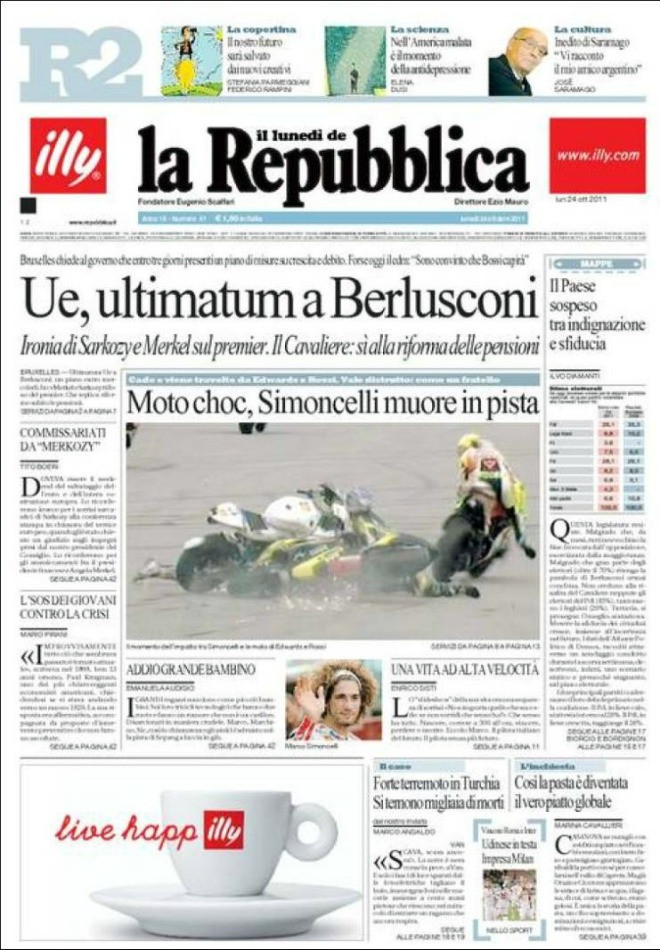 Simoncelli chết trên đường đua (La Repubblica) Simoncelli chết trên đường đua (La Repubblica)