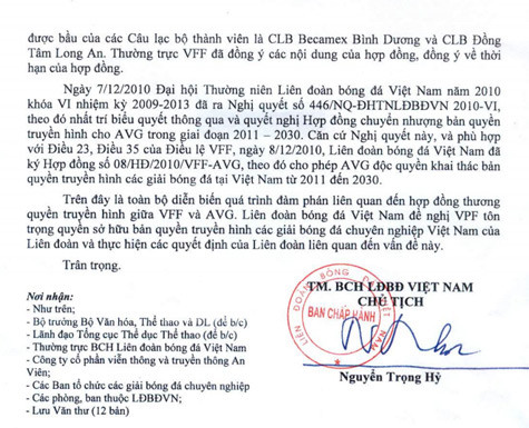 Công văn 1105 do chủ tịch VFF ký tiếp tục yêu cầu VPF thực hiện hợp đồng VFF đã ký kết với AVG. Công văn 1105 do chủ tịch VFF ký tiếp tục yêu cầu VPF thực hiện hợp đồng VFF đã ký kết với AVG.