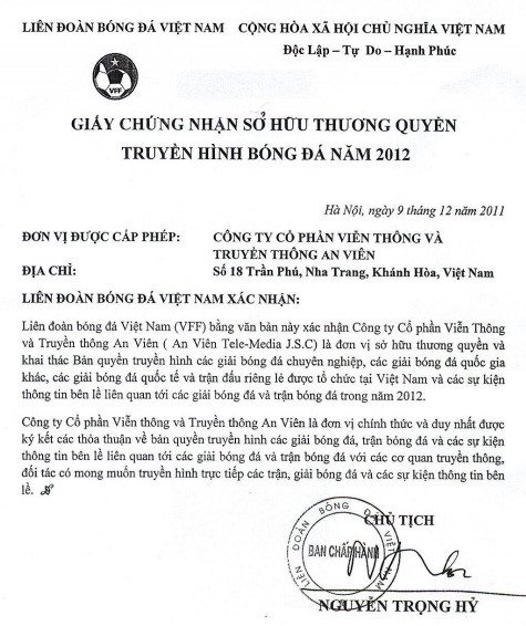 Giấy chứng nhận thương quyền mà VFF cấp cho AVG.