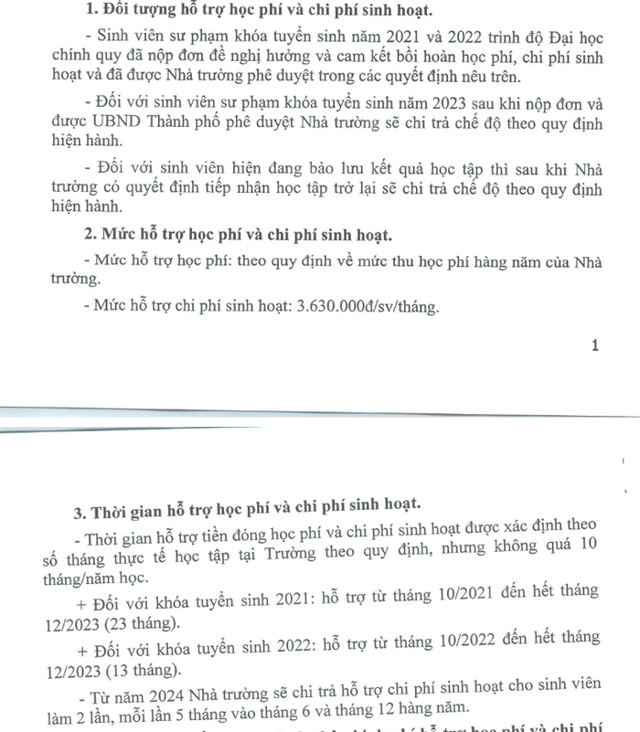 Đối tượng và thời gian hỗ trợ học phí và chi phí sinh hoạt cho sinh viên sư phạm Trường Đại học Thủ đô Hà Nội theo Nghị định 116/2020/NĐ-CP của Chính phủ. Ảnh chụp màn hình.