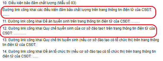 Mục 10 và 12 ở Phần I, Phụ lục III quy định tại Thông tư số 08 quy định. Ảnh chụp màn hình Mục công khai điều kiện .png