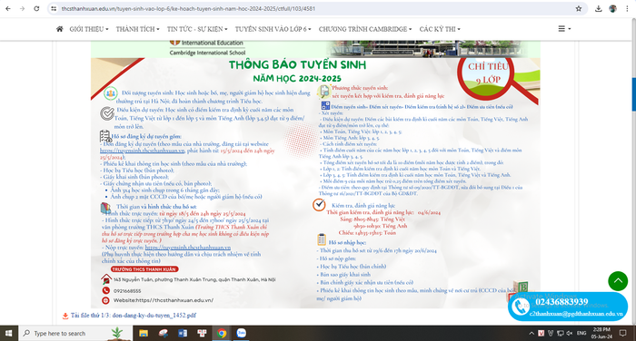 Thông báo tuyển sinh năm học 2024-2025 của Trường Trung học cơ sở Thanh Xuân không có dự kiến về học phí. (Ảnh chụp màn hình ngày 5/6/2024) Thông báo tuyển sinh năm học 2024-2025 của Trường Trung học cơ sở Thanh Xuân không có dự kiến về học phí. (Ảnh chụp màn hình ngày 5/6/2024)