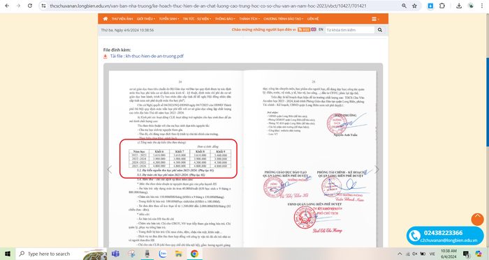 Kế hoạch thực hiện đề án chất lượng cao trung học cơ sở Chu Văn An năm học 2023-2024 trong đó có quy định học phí của cả cấp học. (Ảnh chụp màn hình) Đề án.PNG