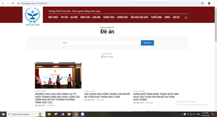 Kết quả tìm kiếm từ khóa "Đề án" trên website của nhà trường. (Ảnh chụp màn hình) Kết quả tìm kiếm từ khóa "Đề án" trên website của nhà trường. (Ảnh chụp màn hình)