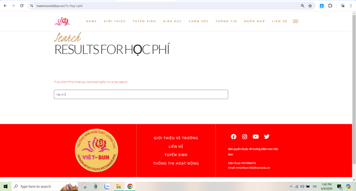 Tìm kiếm bằng từ khoá "học phí" trên website của Trường Mầm non Việt - Bun không cho ra kết quả. (Ảnh chụp màn hình ngày 9/6/2024). Việt Bun 5.PNG