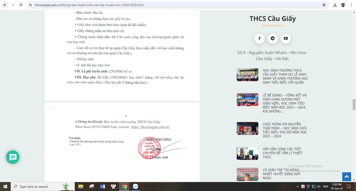 Thông báo tuyển sinh năm học 2024-2025 của Trường Trung học cơ sở Cầu Giấy có thông báo mức thu học phí dự kiến nhưng trên website không có học phí dự kiến cho cả cấp học. (Ảnh chụp màn hình ngày 5/6/2024) Thông báo tuyển sinh năm học 2024-2025 của Trường Trung học cơ sở Cầu Giấy có thông báo mức thu học phí dự kiến nhưng trên website không có học phí dự kiến cho cả cấp học. (Ảnh chụp màn hình ngày 5/6/2024)