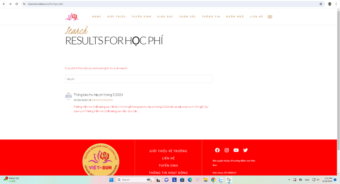 Kết quả tìm kiếm theo từ khóa "học phí" trên website của Trường Mầm non Việt - Bun chỉ có thông báo học phí tháng 5/2024, không cho ra kết quả về dự kiến học phí của năm học 2024 - 2025. (Ảnh chụp màn hình ngày 26/6/2024). Việt Bun ngày 26-6 .png