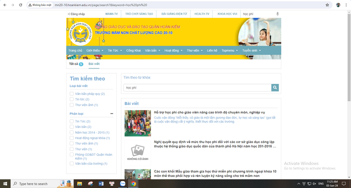 Ảnh chụp màn hình website Trường Mầm non chất lượng cao 20-10 (Hoàn Kiếm) theo từ khoá "học phí". (Ảnh chụp màn hình ngày 3/6/2024) Ảnh chụp màn hình website Trường Mầm non chất lượng cao 20-10 (Hoàn Kiếm) theo từ khoá "học phí". (Ảnh chụp màn hình ngày 3/6/2024)