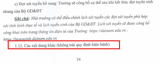 Phần khoanh đỏ là mục 1.12, Phần 1, Mục II Đề án tuyển sinh năm 2024 Trường Đại học Đại Nam. Mục này trong đề án không có nội dung gì. (Ảnh chụp màn hình Đề án tuyển sinh năm 2024 Trường Đại học Đại Nam). Ảnh 12.png