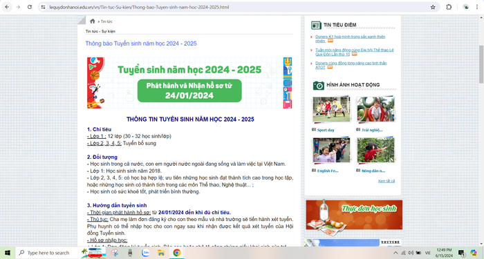 Thông báo tuyển sinh năm học 2024 - 2025 của Trường Tiểu học Lê Quý Đôn không có thông tin về học phí dự kiến của năm học mới và của cả cấp học. (Ảnh chụp màn hình ngày 15/6/2024) Lê quý đôn 1.PNG