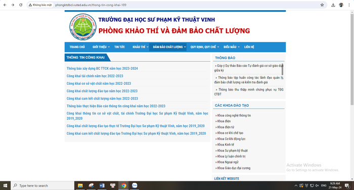 Báo cáo ba công khai năm học 2022-2023 Trường Đại học Sư phạm Kỹ thuật Vinh không có biểu mẫu về đội ngũ giảng viên. Ảnh chụp màn hình ngày 21/5/2024 trên website của Trường Đại học Sư phạm Kỹ thuật Vinh. Ảnh chụp màn hình ngày 21-5-2024.PNG