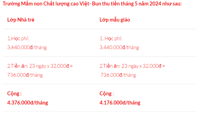 Chi tiết học phí tháng 5/2024 của năm học 2023 - 2024 Trường Mầm non Việt - Bun. (Ảnh chụp màn hình ngày 26/6/2024). Học phí Việt Bun .png