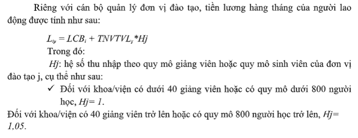 Cách tính lương riêng đối với cán bộ quản lý đơn vị đào tạo theo vị trí việc làm của Trường Đại học Kinh tế Quốc dân. (Ảnh chụp màn hình) Thọ 2.png