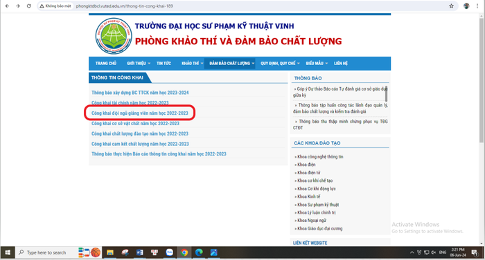 Trường Đại học Sư phạm Kỹ thuật Vinh đã bổ sung biểu mẫu công khai về đội ngũ giảng viên trong báo cáo ba công khai năm học 2022-2023. (Ảnh chụp màn hình) Giảng viên.PNG