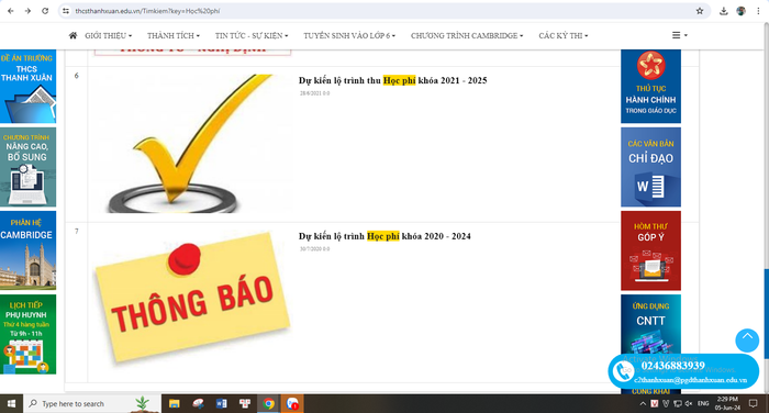 Kết quả tìm kiếm bằng từ khoá “học phí” trên website của Trường Trung học cơ sở Thanh Xuân. (Ảnh chụp màn hình ngày 5/6/2024) Kết quả tìm kiếm bằng từ khoá “học phí” trên website của Trường Trung học cơ sở Thanh Xuân. (Ảnh chụp màn hình ngày 5/6/2024)