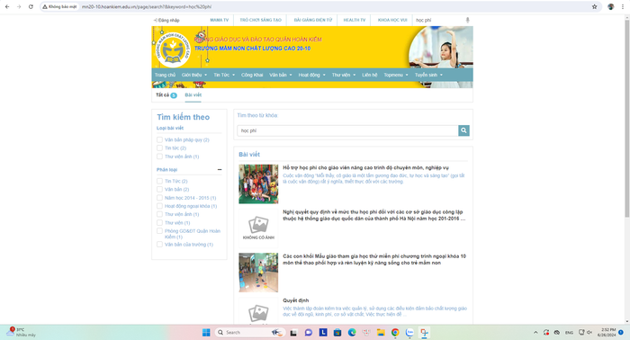 Kết quả tìm kiếm bằng từ khóa "học phí" trên website Trường Mầm non chất lượng cao 20-10. (Ảnh chụp màn hình ngày 26/6/2024) Học phí 20-10.png