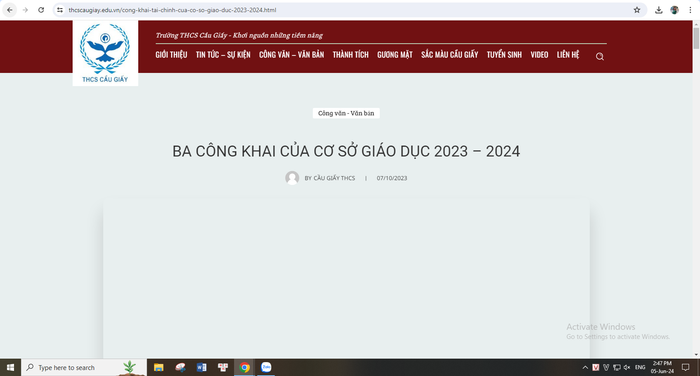 Ba công khai của cơ sở giáo dục 2023-2024 trên website của Trường Trung học cơ sở Cầu Giấy không hiển thị nội dung khi truy cập. (Ảnh chụp màn hình ngày 5/6/2024) Ba công khai của cơ sở giáo dục 2023-2024 trên website của Trường Trung học cơ sở Cầu Giấy không hiển thị nội dung khi truy cập. (Ảnh chụp màn hình ngày 5/6/2024)