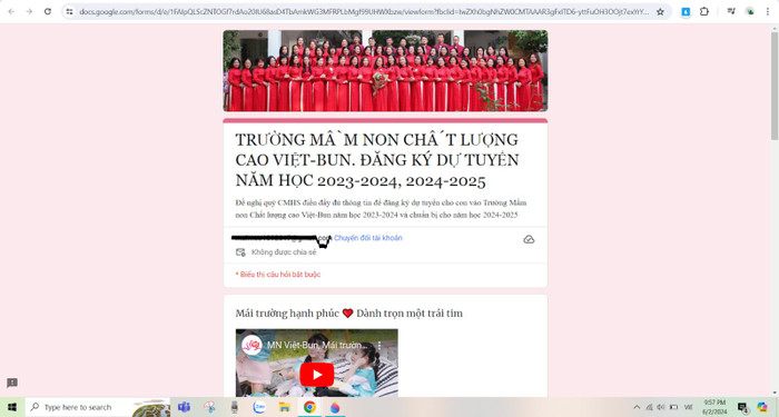 Ảnh chụp màn hình ngày 2/6/2024 sau khi truy cập vào đường link Đăng ký trực tuyến trong bài thông báo tuyển sinh các lứa tuổi từ 2-5 tuổi đăng vào ngày 7/9/2023 trên Fanpage của Trường Mầm non Việt - Bun không có thông tin nào về học phí. xozbpv9qr2z9ghkz1srqovbjd32frarfdzql6tl9fuxn0lqnfs2-ekccsoie-m97vhe0ujvqe0mczishie6tkjtrs9e75bvhwexnagkkncm0lgwhpqyp-afd1zawwtytte89vhewlk6yjiozqvftsmm-5464.png