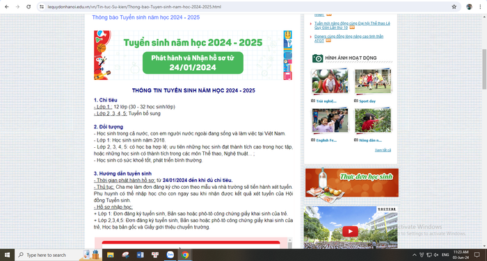 Thông báo tuyển sinh năm học 2024-2025 của Trường Tiểu học Lê Quý Đôn (Nam Từ Liêm) không có thông tin về học phí. Ảnh chụp màn hình ngày 3/6/2024 Thông báo tuyển sinh năm học 2024-2025 của Trường Tiểu học Lê Quý Đôn (Nam Từ Liêm) không có thông tin về học phí. Ảnh chụp màn hình ngày 3/6/2024