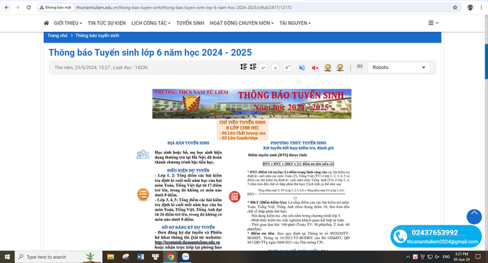 Thông báo tuyển sinh năm học 2024-2025 của Trường Trung học cơ sở Nam Từ Liêm không có thông tin dự kiến học phí. Ảnh chụp màn hình ngày 5/6/2024 Thông báo tuyển sinh năm học 2024-2025 của Trường Trung học cơ sở Nam Từ Liêm không có thông tin dự kiến học phí. Ảnh chụp màn hình ngày 5/6/2024