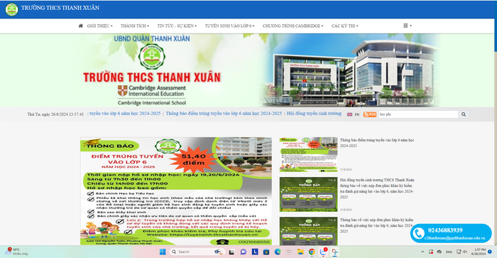 Kết quả tìm kiếm bằng từ khóa "học phí" trên website của Trường Trung học cơ sở Thanh Xuân (Ảnh chụp màn hình ngày 26/6/2024). THCS Thanh Xuân .png