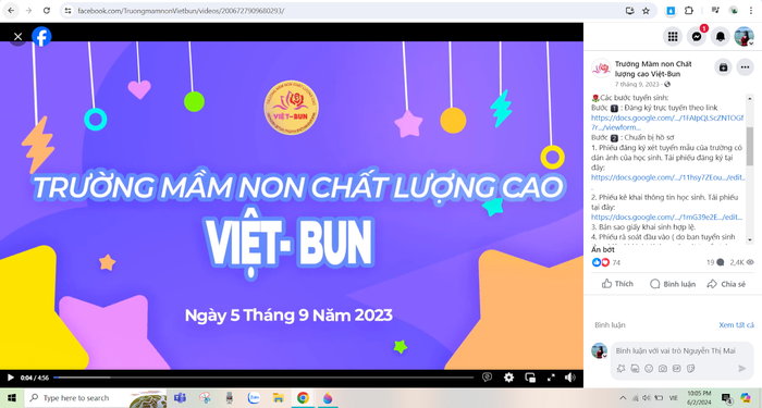 Ảnh chụp màn hình ngày 2/6/2024 trong bài viết thông báo tuyển sinh đăng vào ngày 7/9/2023 của Trường Mầm non Việt - Bun. Ảnh chụp màn hình ngày 2/6/2024 trong bài viết thông báo tuyển sinh đăng vào ngày 7/9/2023 của Trường Mầm non Việt - Bun.