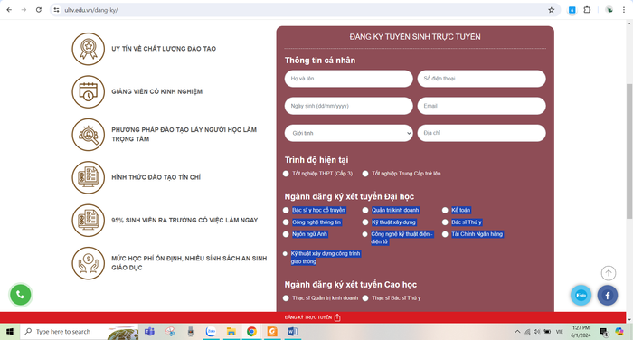 Theo thông tin trên website của Trường Đại học Lương Thế Vinh, hiện nay nhà trường đào tạo 10 ngành ở trình độ đại học. Ảnh chụp màn hình Ảnh 2.PNG