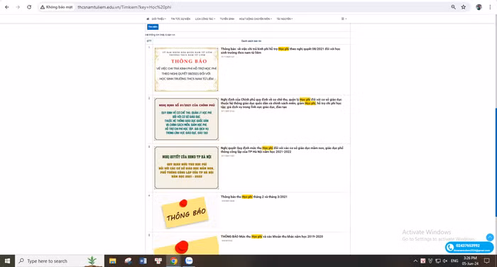 Kết quả tìm kiếm thông tin theo từ khóa "học phí" trên website của Trường Trung học cơ sở Nam Từ Liêm (quận Nam Từ Liêm). Ảnh chụp màn hình