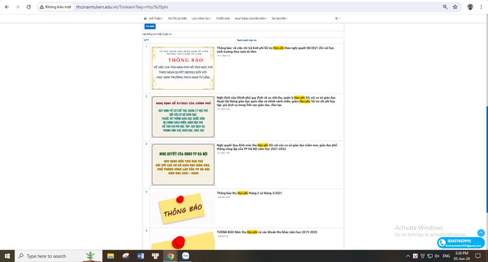 Kết quả tìm kiếm thông tin theo từ khóa "học phí" trên website của Trường Trung học cơ sở Nam Từ Liêm (quận Nam Từ Liêm). Ảnh chụp màn hình ngày 5/6/2024. Kết quả tìm kiếm thông tin theo từ khóa "học phí" trên website của Trường Trung học cơ sở Nam Từ Liêm (quận Nam Từ Liêm). Ảnh chụp màn hình ngày 5/6/2024.