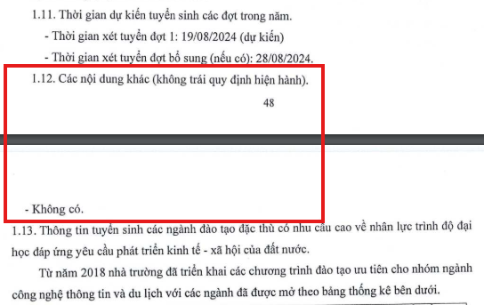 Mục 1.12, Phần II Tuyển sinh đại học chính quy Đề án tuyển sinh năm 2024 không có nội dung về thực hiện các cam kết đối với thí sinh giải quyết khiếu nại, bảo vệ quyền lợi chính đáng của thí sinh trong những trường hợp rủi ro. (Ảnh chụp màn hình) Mục 1.12, Phần II Tuyển sinh đại học chính quy Đề án tuyển sinh năm 2024 không có nội dung về thực hiện các cam kết đối với thí sinh giải quyết khiếu nại, bảo vệ quyền lợi chính đáng của thí sinh trong những trường hợp rủi ro. (Ảnh chụp màn hình)