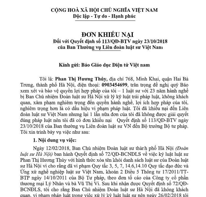Luật sư Phan Thị Hương Thủy phản ánh vụ việc tới Báo Điện tử Giáo dục Việt Nam. Luật sư Phan Thị Hương Thủy phản ánh vụ việc tới Báo Điện tử Giáo dục Việt Nam.